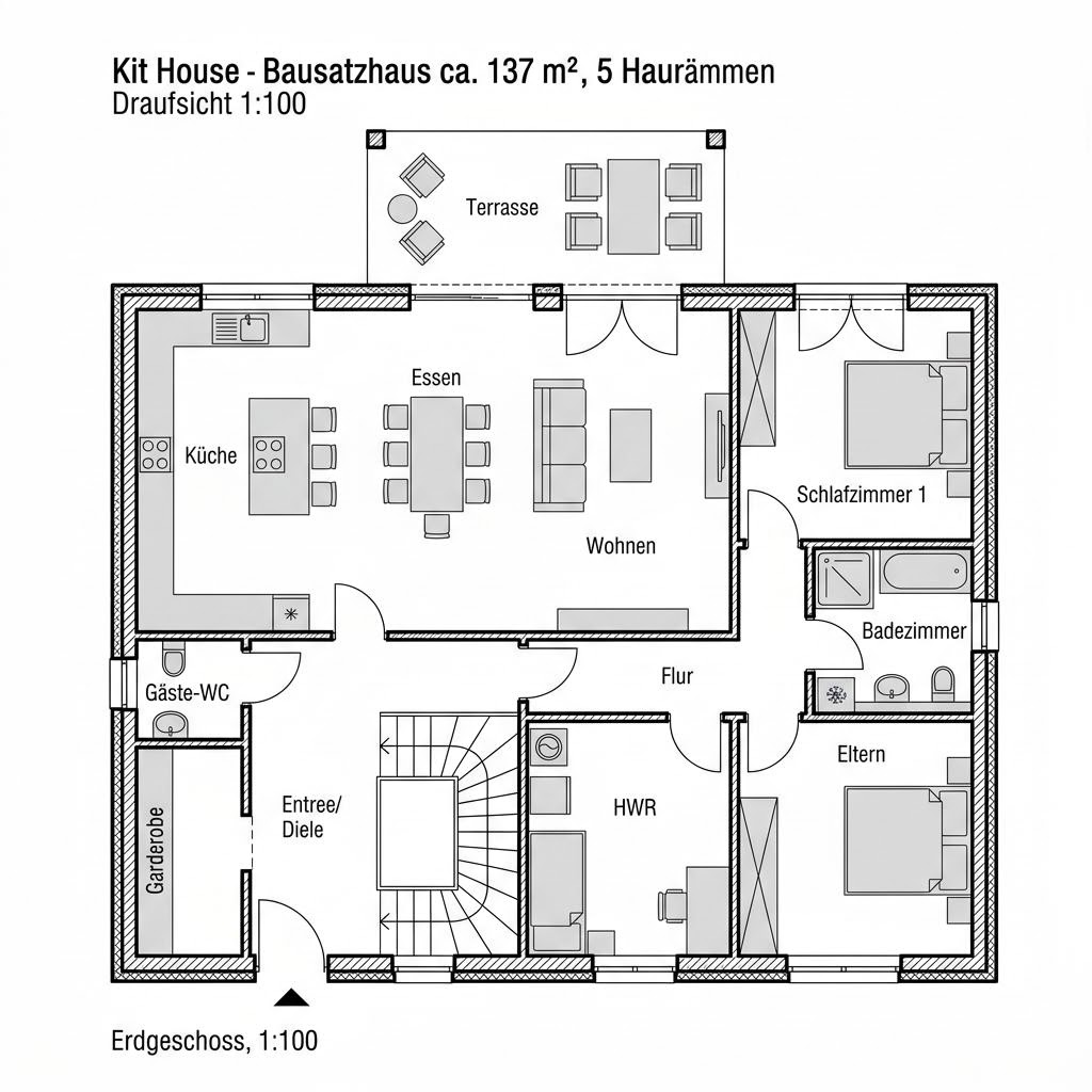 Grundriss EFH 136 – 137 m² Bausatzhaus mit 5 Zimmern
