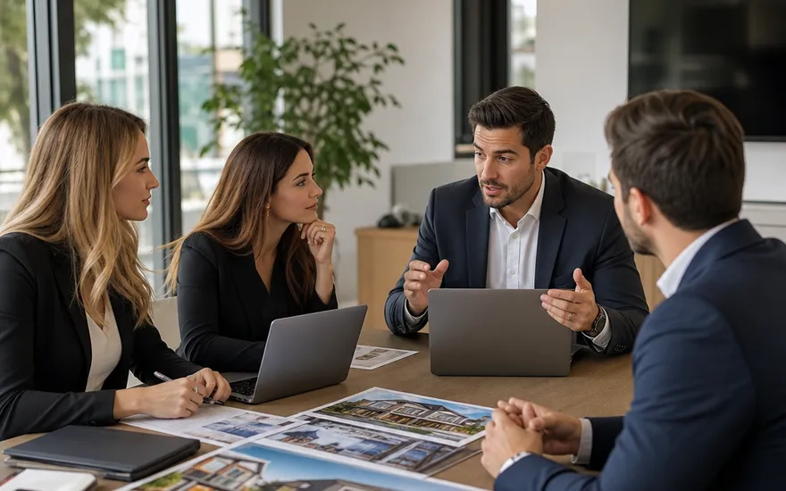 Immobilienmakler-Team im Fertighaus-Vertrieb bespricht Strategie mit Laptops und Hausprospekten im Büro