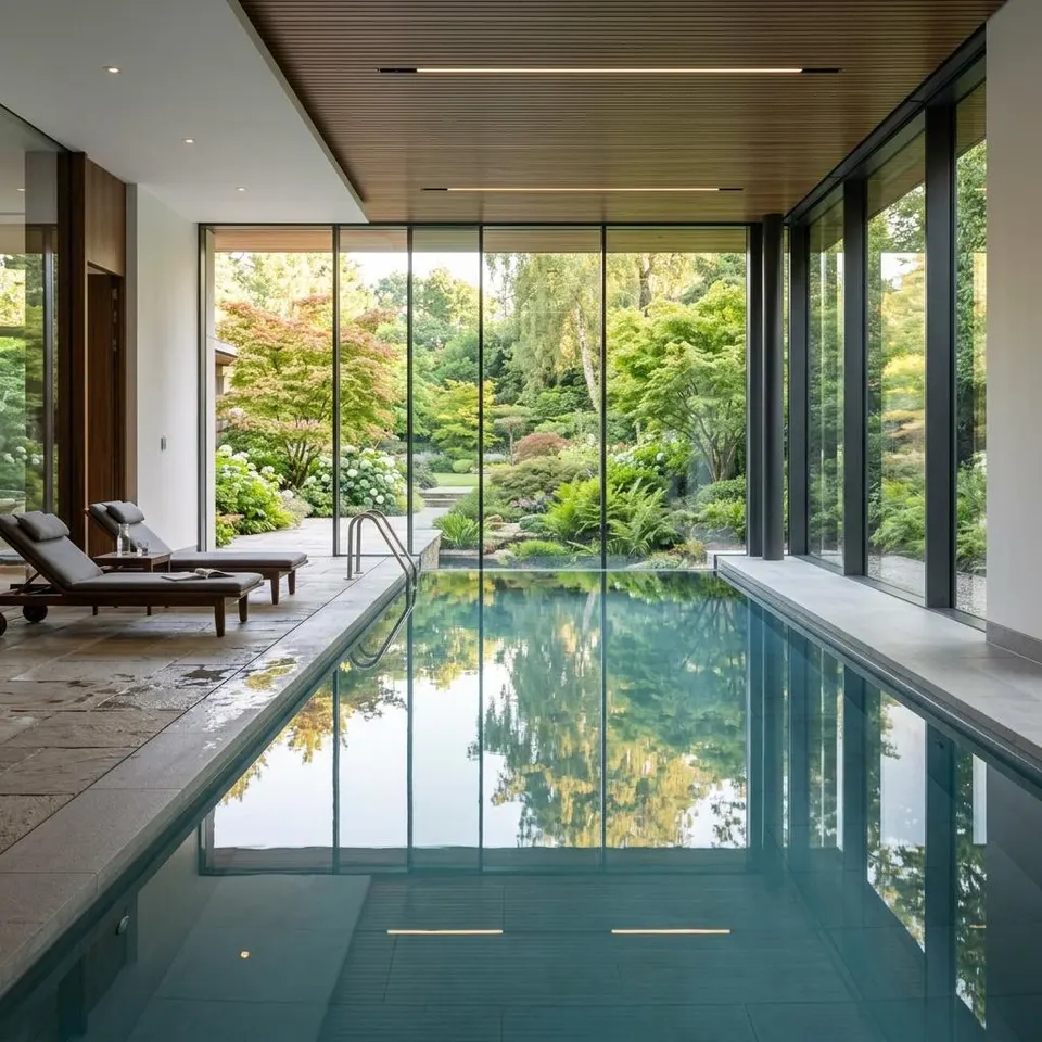 Elegante private Schwimmhalle mit Indoorpool und raumhoher Glasfront zum Garten in einem modernen Wohnhaus – Indoorpool im Fertighaus