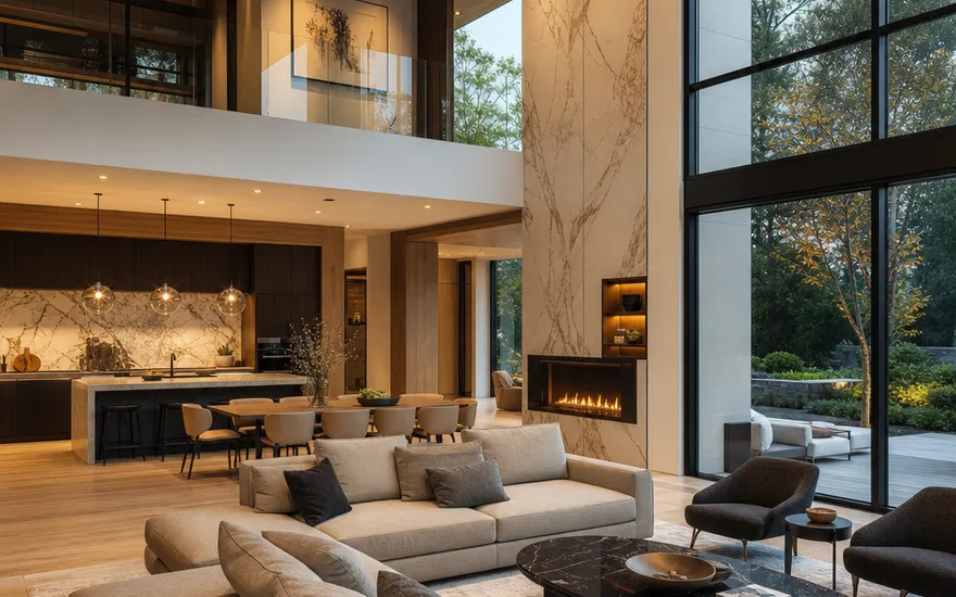Designvilla innen: doppelgeschossiger Wohnraum mit Galerie Luxus-Fertighaus von innen: doppelgeschossiger Wohnraum mit Galerie, Designermöbeln und raumhoher Glasfront zum Garten