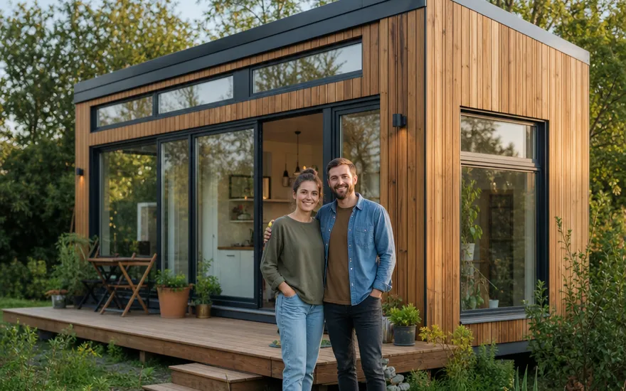 Minihaus mit Holzfassade und großen Fenstern im Garten – Tiny House als kleines Fertighaus für Paare und Singles