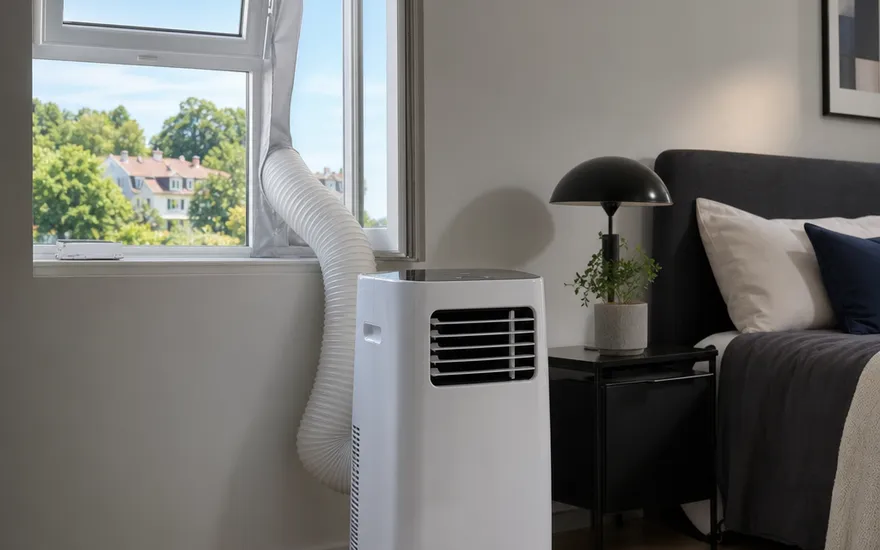 Mobiles Klimagerät mit Abluftschlauch und Fensterabdichtung im Schlafzimmer – Monoblock-Klimaanlage für Mietwohnungen