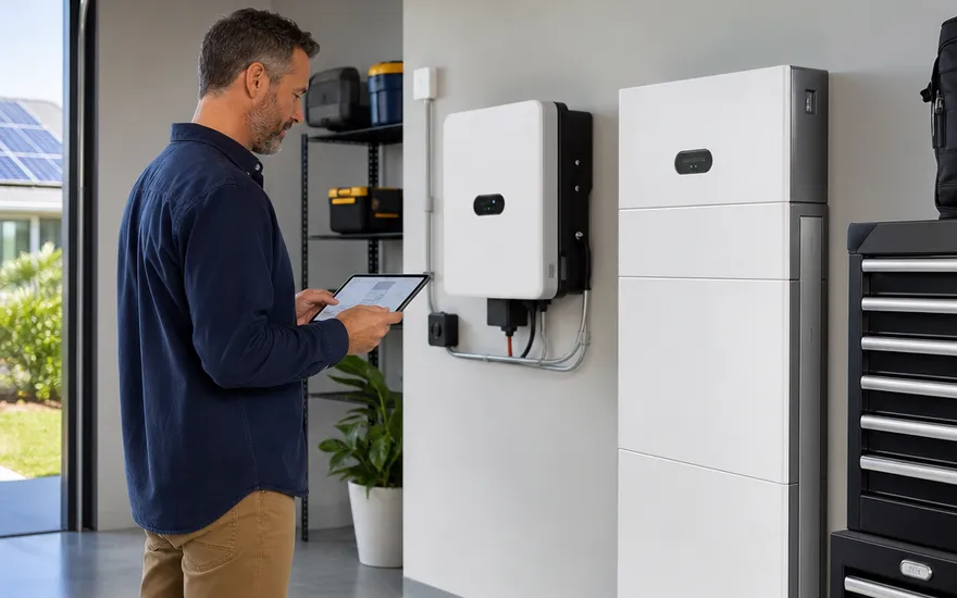 PV-Anlage mit Speicher: Stromspeicher und Wechselrichter im Hauswirtschaftsraum, während ein Hausbesitzer den Solarertrag per App kontrolliert
