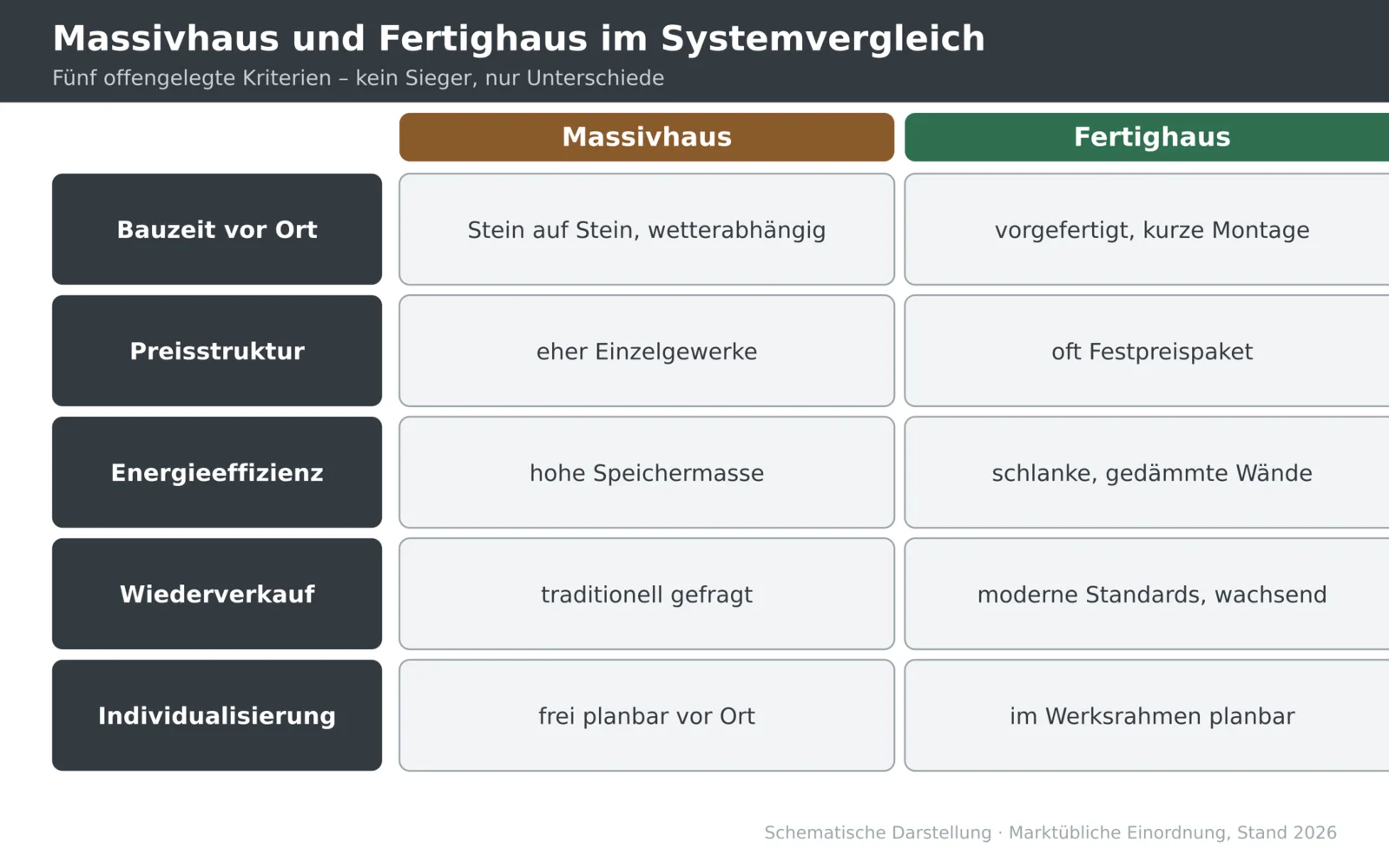 Schematischer Systemvergleich von Massivhaus und Fertighaus entlang fünf offengelegter Kriterien.