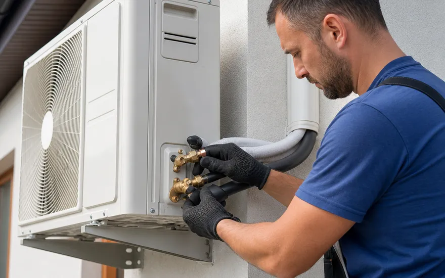 Kältetechniker schließt Kältemittelleitungen am Außengerät einer Split-Klimaanlage an der Hausfassade an