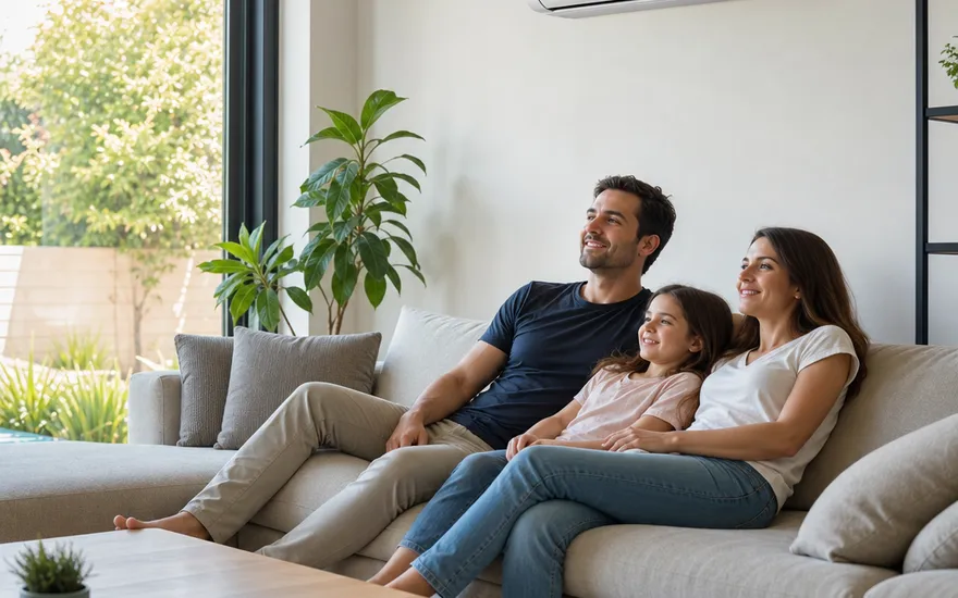 Split-Klimaanlage im Wohnzimmer: Familie entspannt bei angenehmen Temperaturen trotz Sommerhitze
